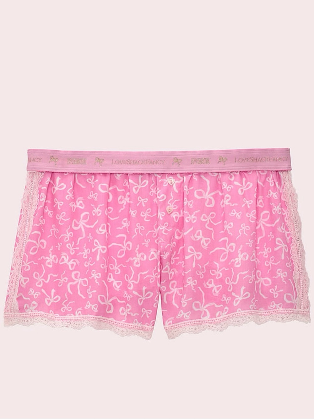 New Medium PINK LoveShackFancy Silky Boxy Pajama Shorts Lace Trim Bows Ribbons
